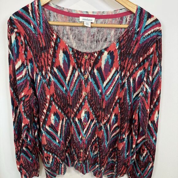 Sundance Cardigan Women’s XXL Pink Button Front Cotton Sweater Diamond Aztec - Picture 2 of 10